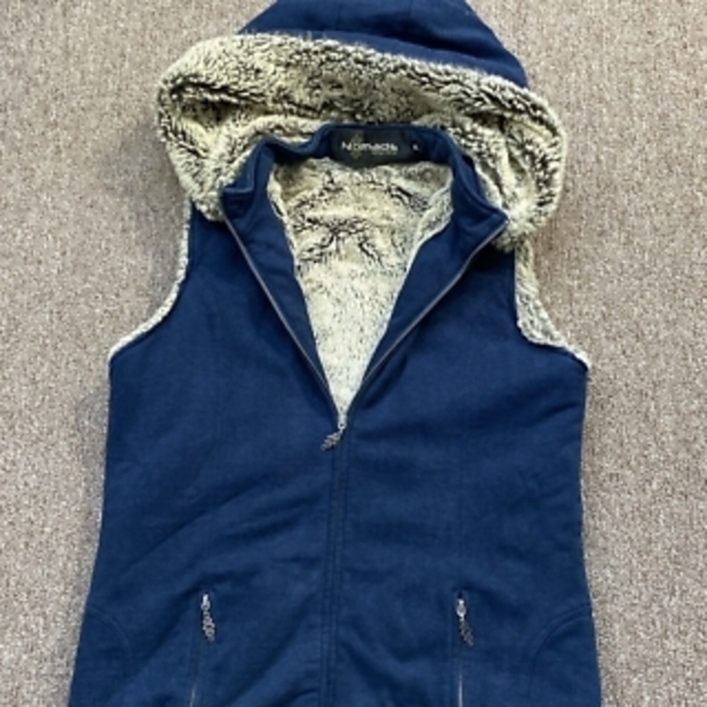 Nomads Hemp Wear Xl. Blue Hooded Vest with Faux Fur Lining
